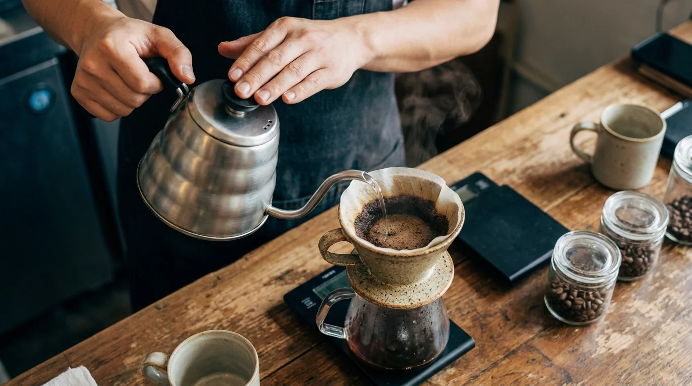 カフェカウンターでコーヒーを抽出するスタッフの手元