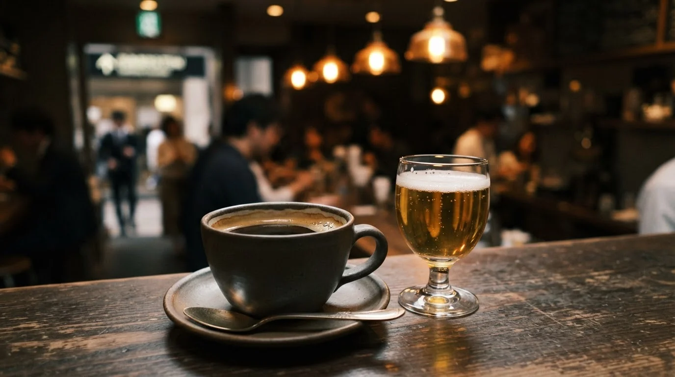 木のカウンターに置かれたコーヒーと小さな一杯