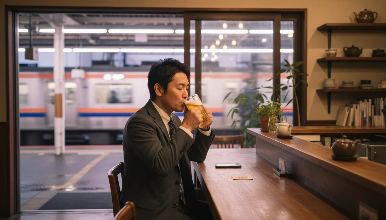 駅の発車を待ちながらカフェのテーブルで飲み物を楽しむ手元