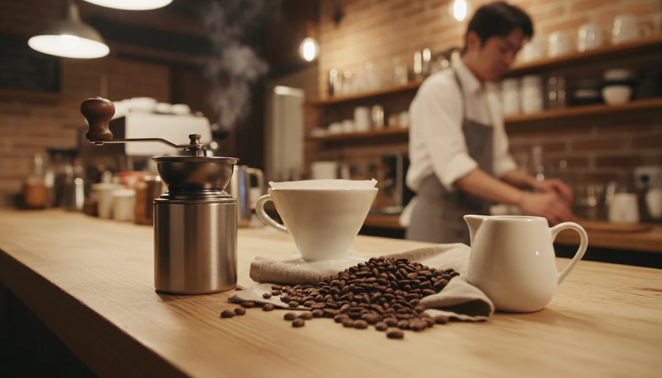 カフェの木製カウンターに並ぶコーヒー器具と季節の素材